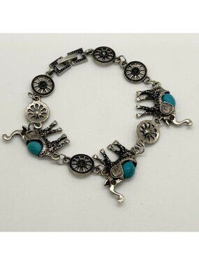 Boho Elephant Link Bracelet Silver Tone Turquoise Color Stone Bohemian Good Luck
